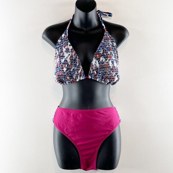 Swimsuits for All Smocked Triangle Top & Bikini Bottom Set Blue Pink 18 - Picture 1 of 15